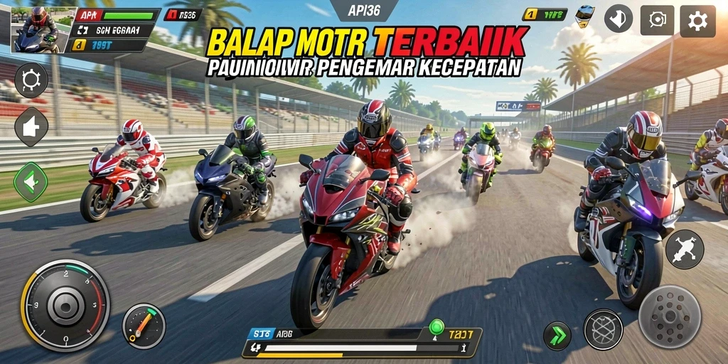 Tangkapan layar gameplay menampilkan balapan motor yang seru dan mendebarkan.