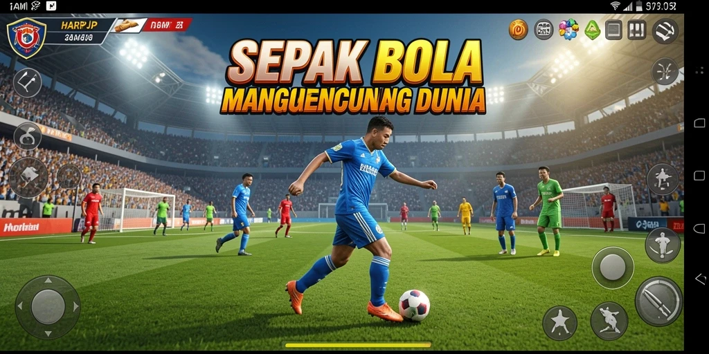 Screenshot gameplay HARAPJP yang menampilkan aksi sepak bola yang mendebarkan.