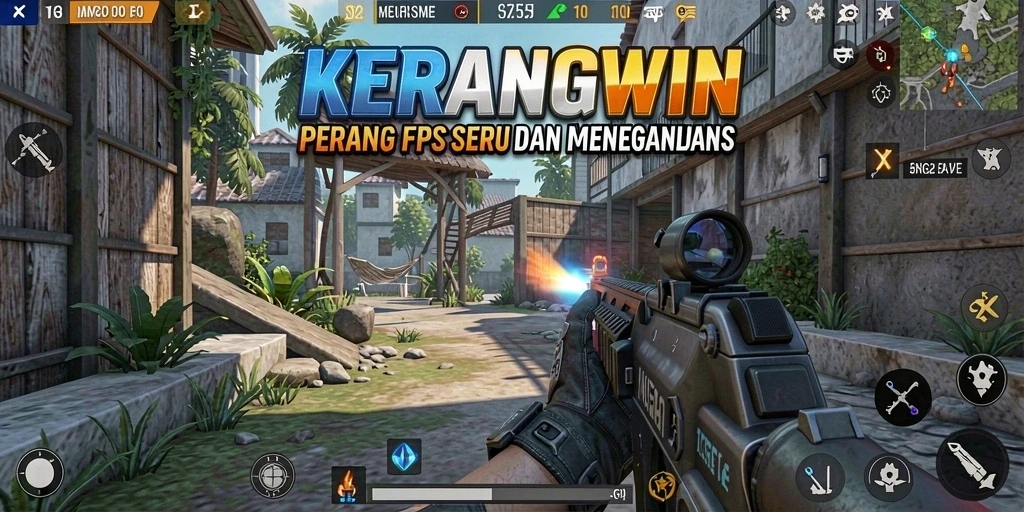 Gambar menampilkan pemain dalam aksi tembak-menembak seru di KERANGWIN.