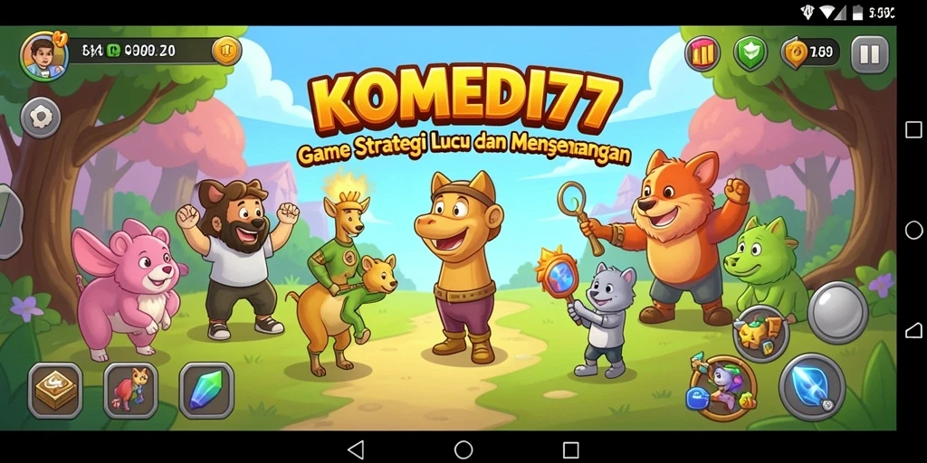 Tampilan latihan gameplay SLG di KOMEDI77 dengan karakter lucu.