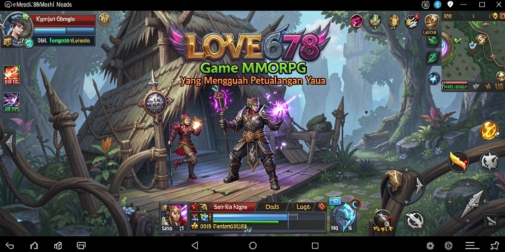 Screenshot gameplay LOVE678 menampilkan aksi pertarungan epik antara karakter dan monster.