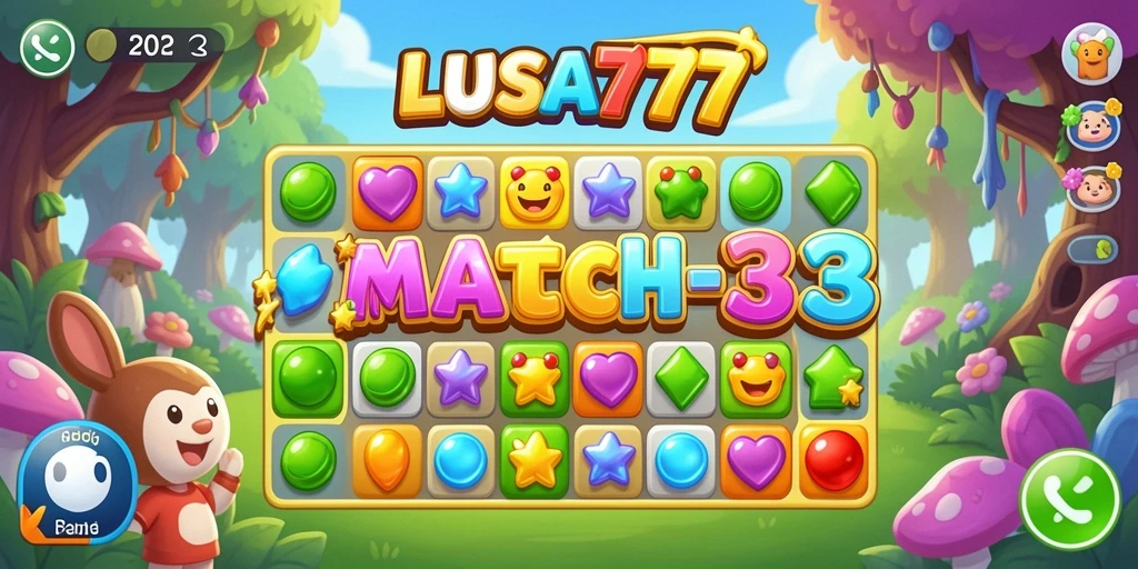 Screenshot utama LUSA777 menampilkan gameplay Match-3 yang seru dan warna-warni.