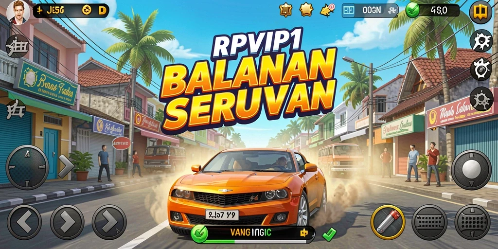 Screenshot gameplay RPVIP1 yang menunjukkan mobil balap di lintasan.