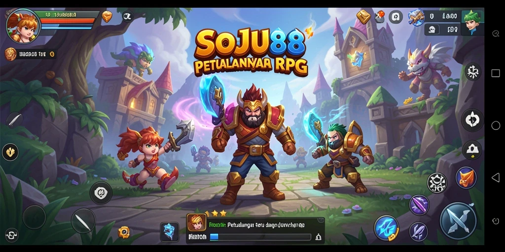 Screenshot SOJU88 menampilkan pertempuran dramatis dengan lingkungan RPG yang menakjubkan.